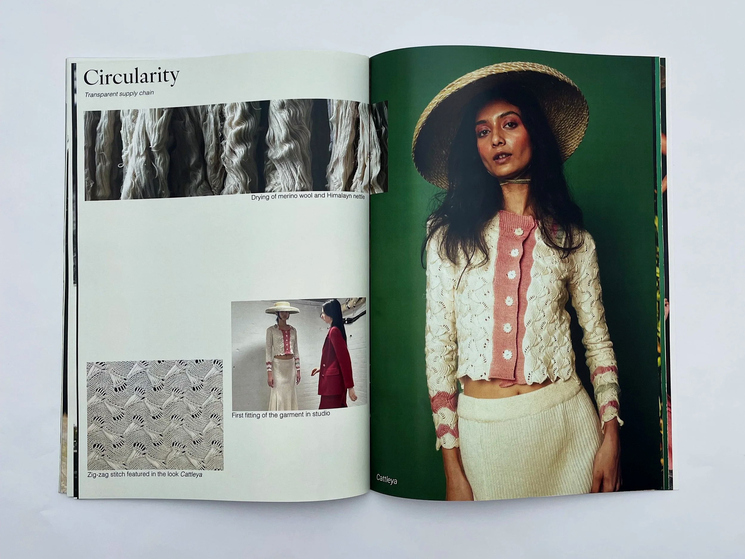Open magazine pages showing fashion design process, with fabric samples, a woman modeling the completed garment, and close-up details of the clothing texture and stitching.