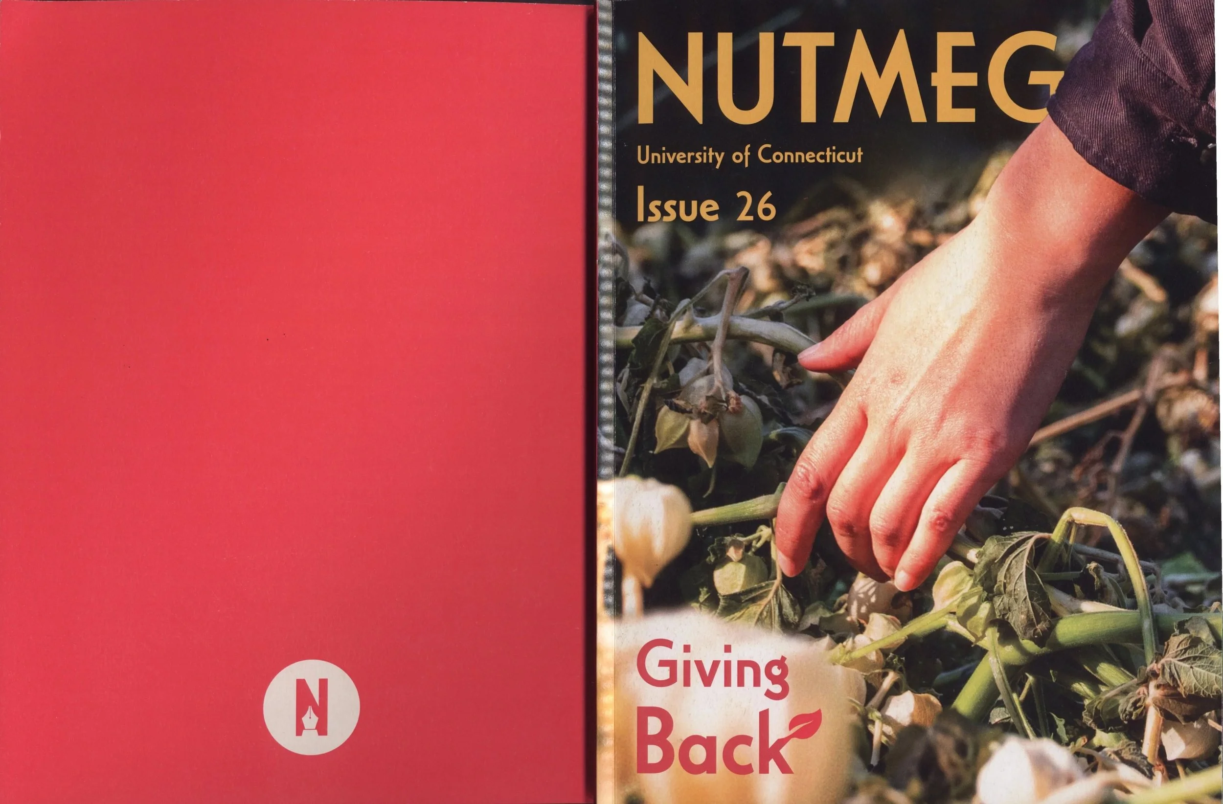 Close-up of a magazine or brochure page with a person's hand reaching into a pile of weeds or plants outdoors. The text includes 'NUTMEG', 'University of Connecticut', and 'Issue 26'. The left part of the image shows a red background with a white logo.