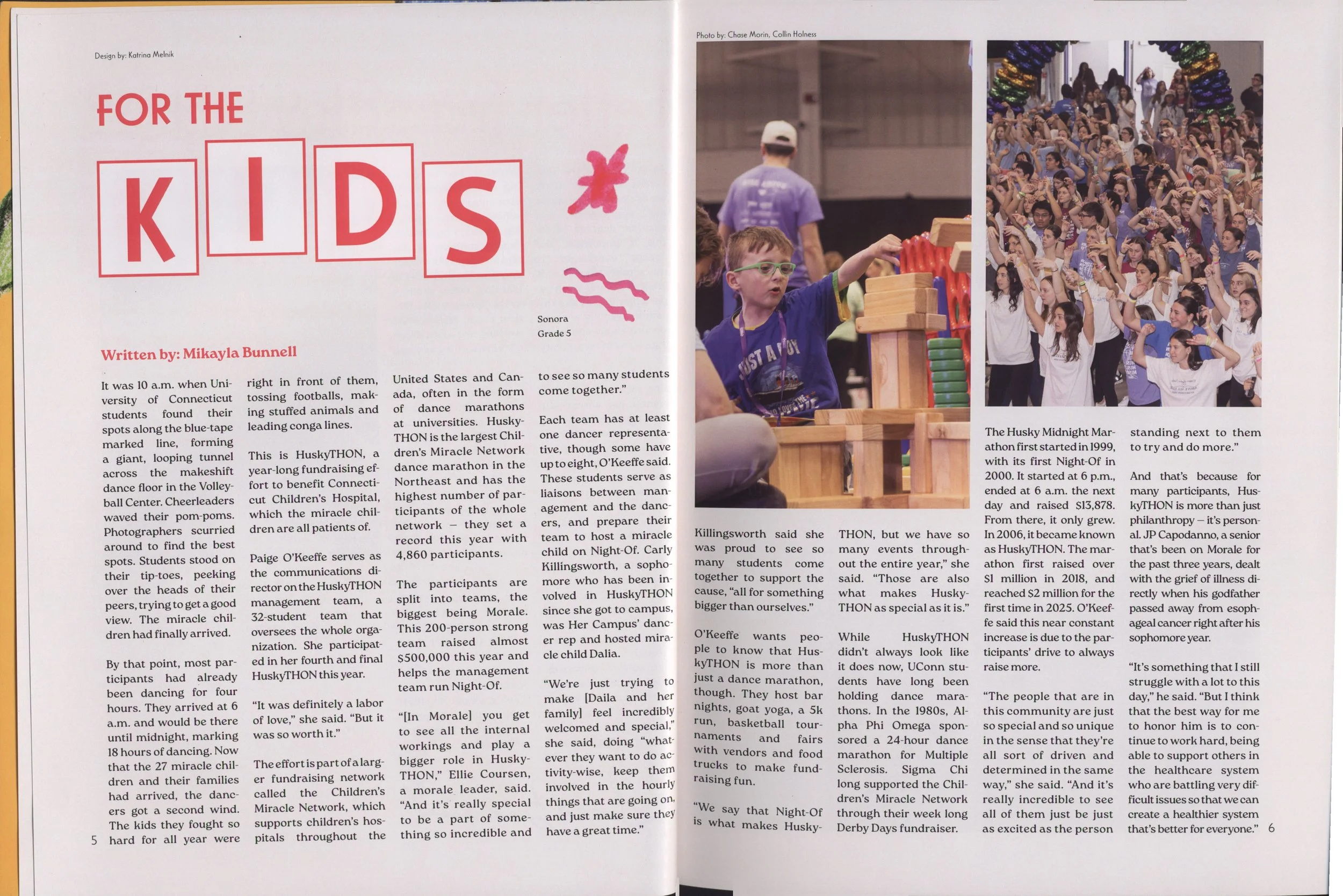 A two-page magazine spread featuring an article about HuskYTHON, with a large photo of children at a large gathering or event, and a smaller photo of a young boy building with blocks.
