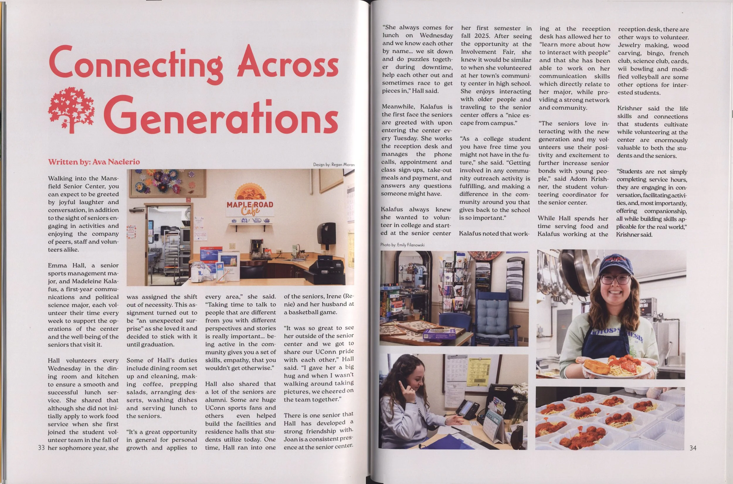 Open magazine spread with text and photos, featuring a story titled 'Connecting Across Generations' by Ava Naclerio. The photos include a reception area with a Starbucks store sign, office desks, a young woman with glasses smiling at a table with food, and a woman on the phone at a desk.