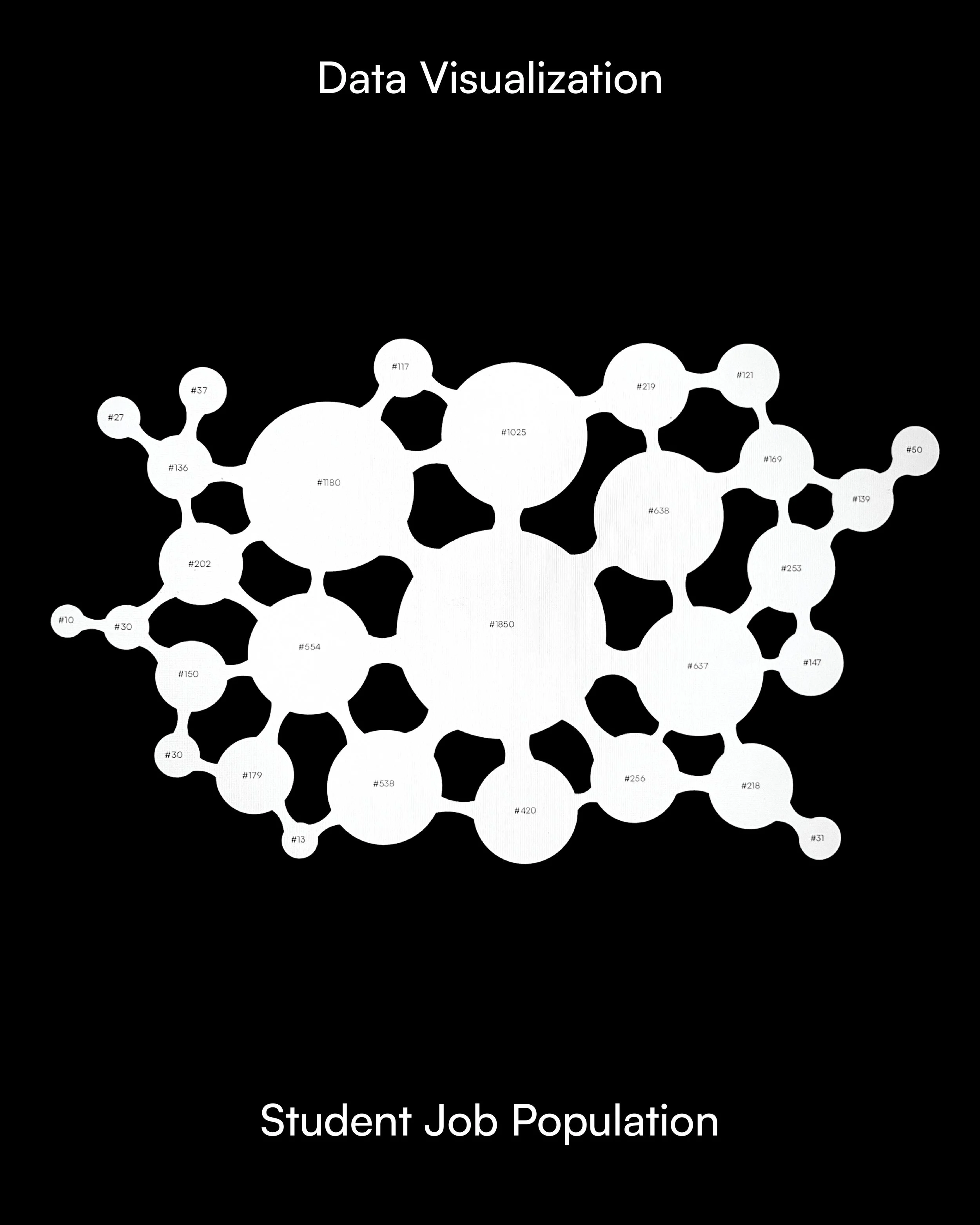 A diagram illustrating data visualization and student job population, with interconnected circles labeled with numbers, on a black background.