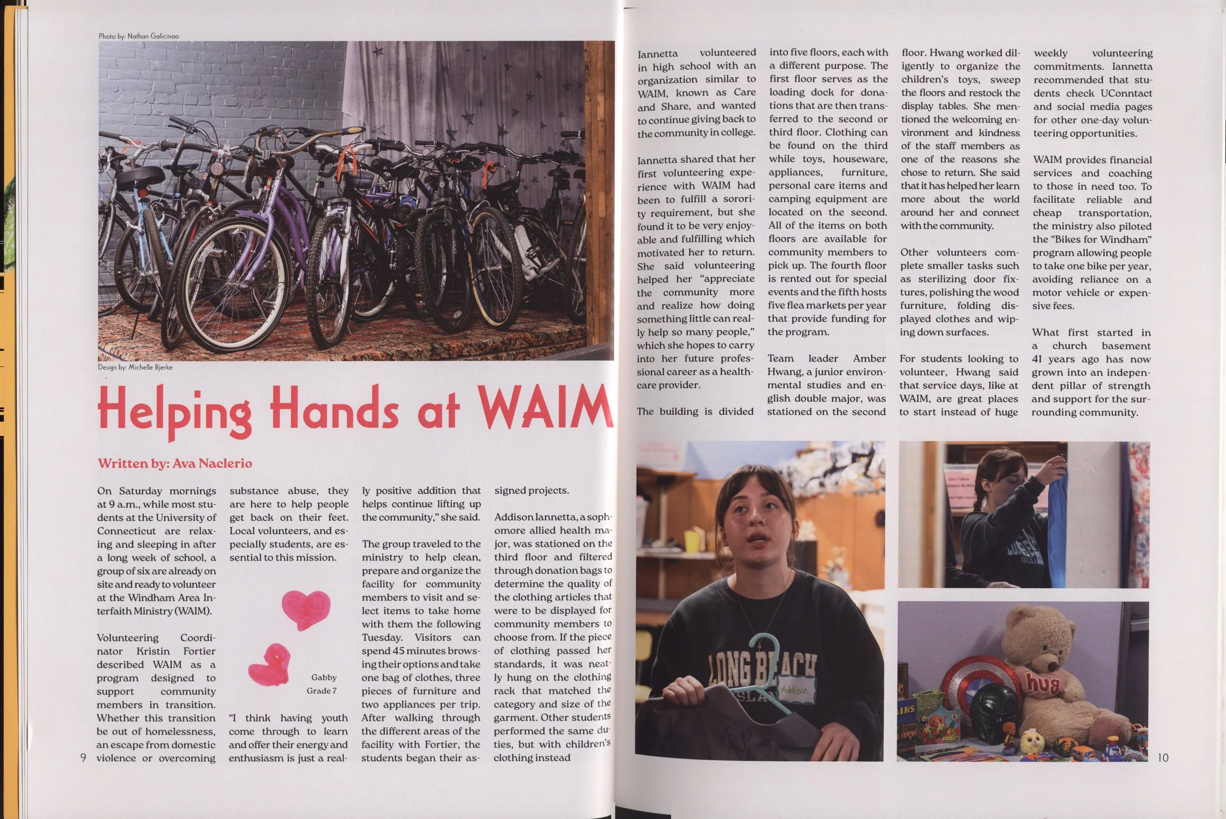 A magazine spread featuring a photograph of multiple bicycles stored indoors against a brick wall, with a curtain decorated with black stars in the background. The left page contains an article titled 'Helping Hands at WAIM' and the right page has text and part of a photograph of a woman with short dark hair and a name tag.
