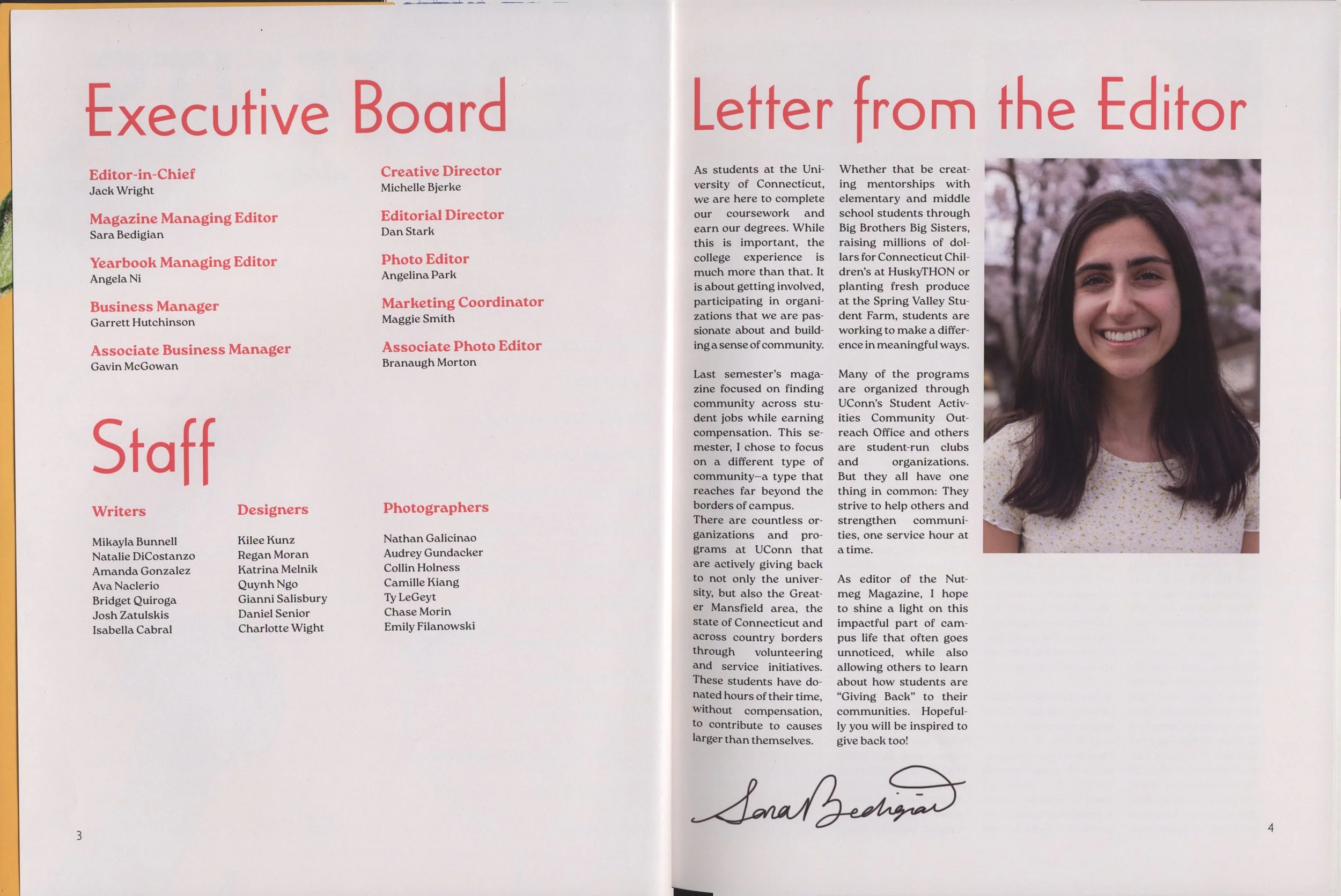 Open magazine featuring a two-page spread with a list of staff and their titles on the left page and a column of text with a large photograph of a smiling young woman with dark hair and a white top on the right page.