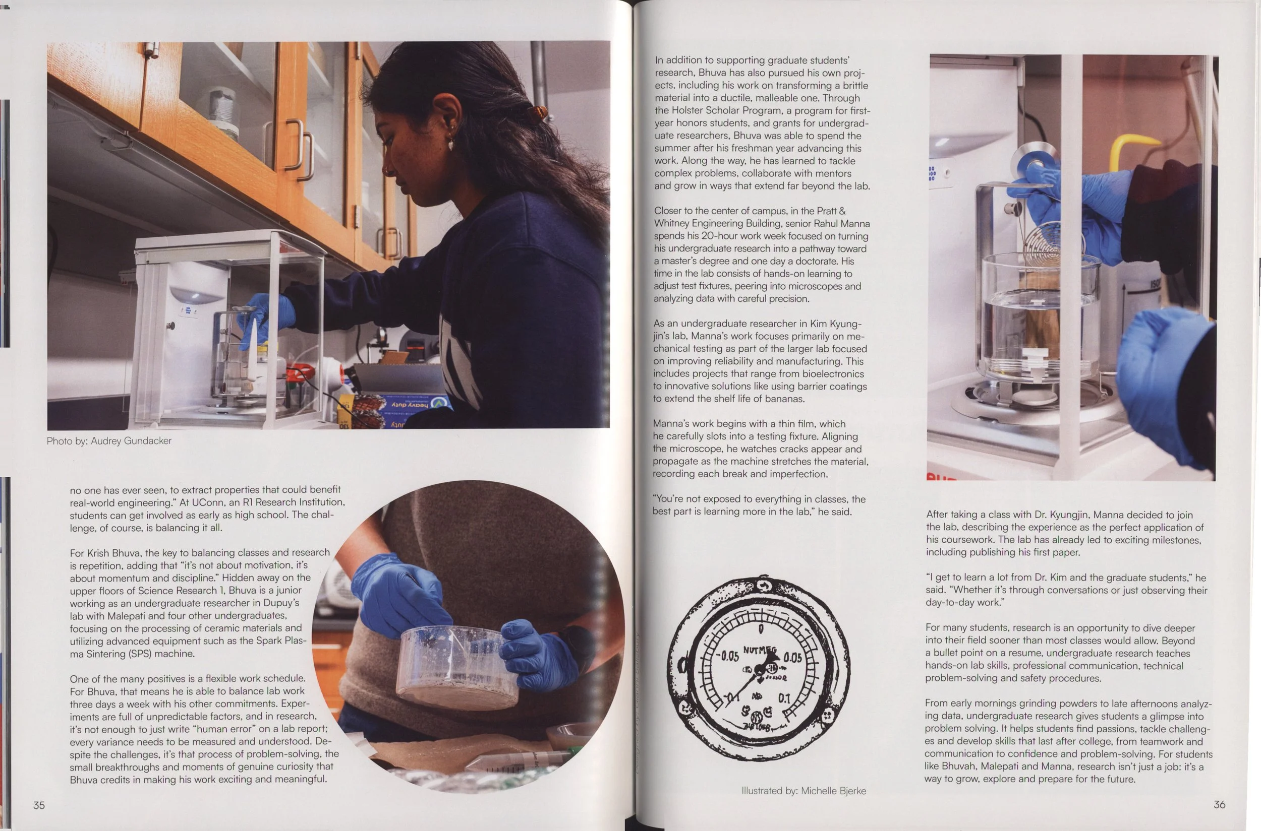 A woman in a blue lab coat and gloves pouring a liquid into a glass container inside a laboratory. Another person, also in gloves, is working with equipment in the background.