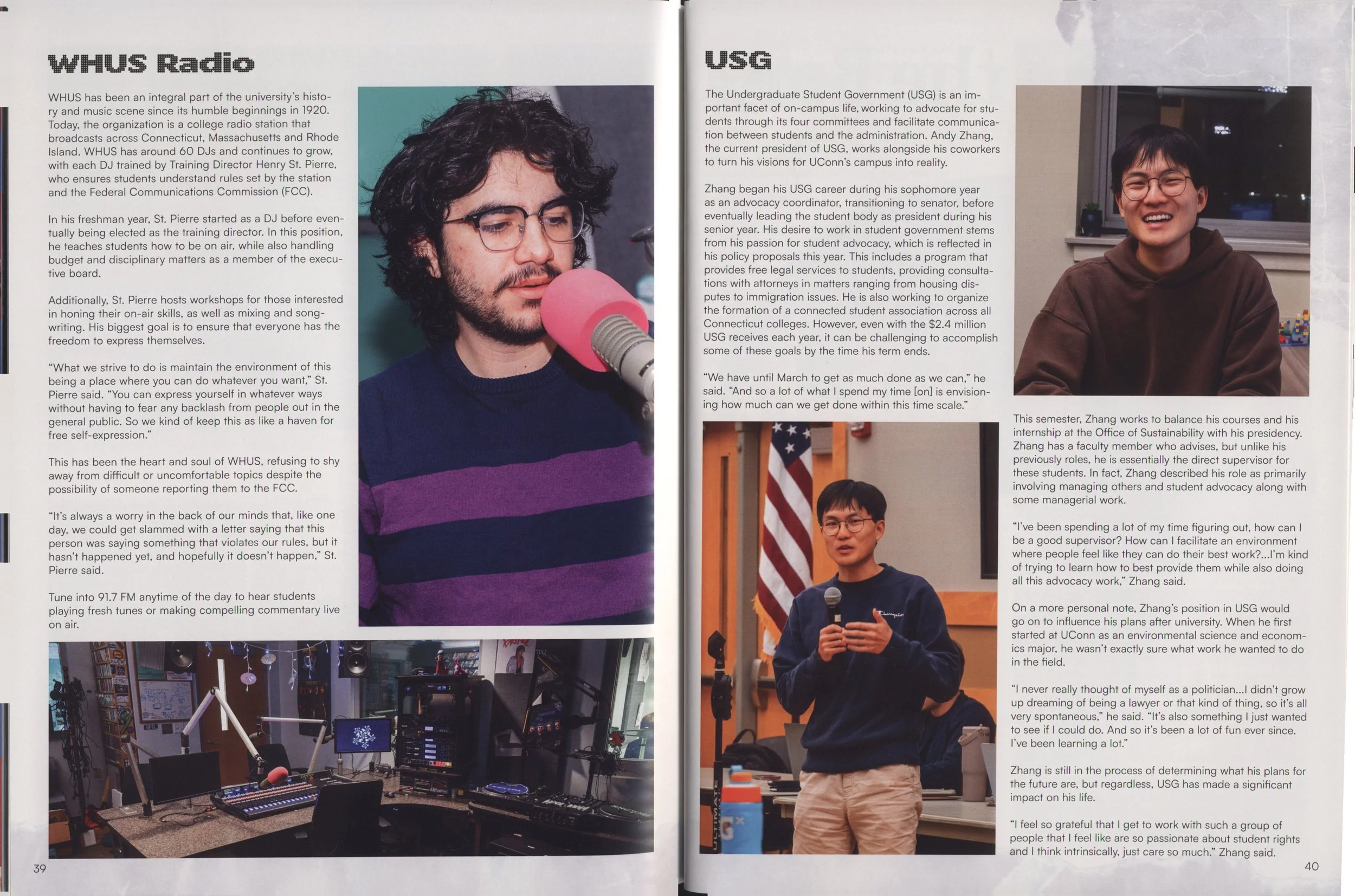 Two pages of a magazine or brochure. The left page features a man with curly dark hair and glasses speaking into a pink microphone, with text discussing his background and activities related to radio at WHUS. The right page features a man with short dark hair and glasses smiling at the camera, with text about his involvement in the USG and student activism. Both pages include other images and text related to university student organizations and activities.