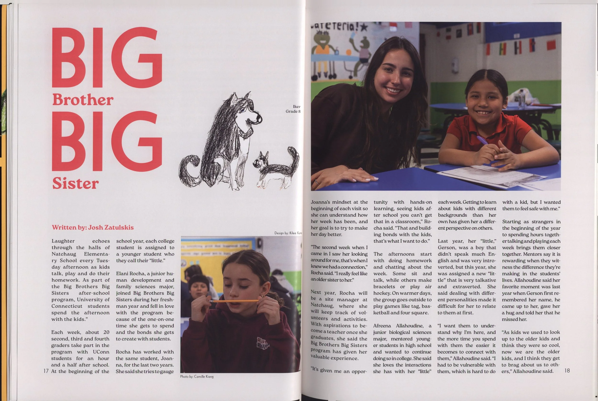 Open magazine spread featuring the book "Big Brother Big Sister" by Josh Zatulksis on the left page, with a sketch of a dog and a cat. The right page shows a woman smiling and a young girl sitting at a table in a classroom, with text and other photos visible in the background.
