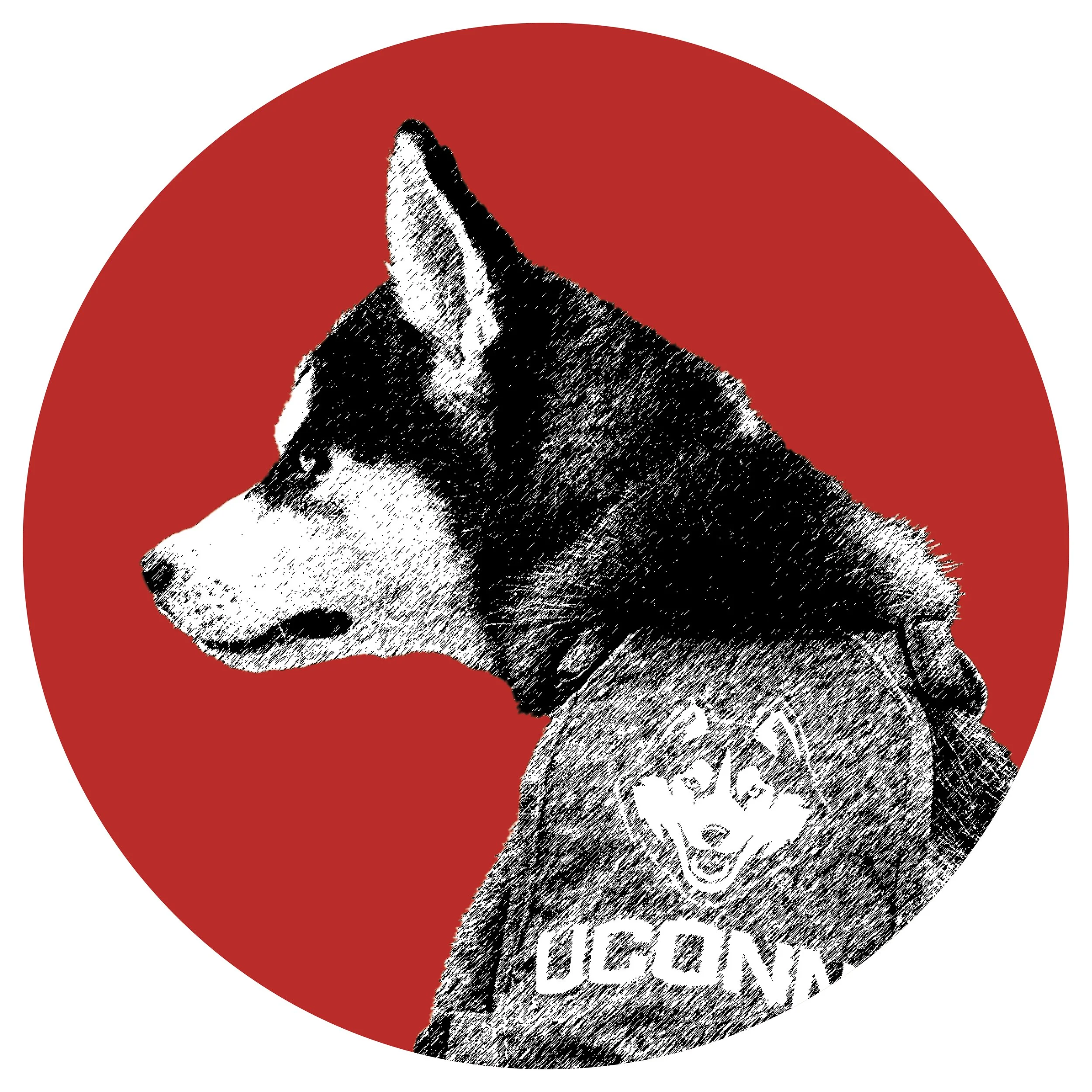 A black and white illustration of a husky dog with a red background.