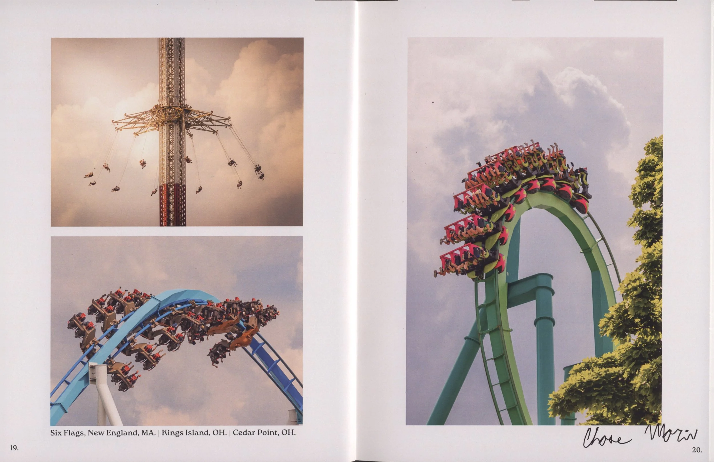 Photographs of amusement park rides: a swing ride with children swinging outward, taken at Six Flags in New England, MA; a roller coaster with people on the track, taken at Kings Island in Ohio; and a green roller coaster with about a dozen riders upside down, taken at Cedar Point in Ohio.