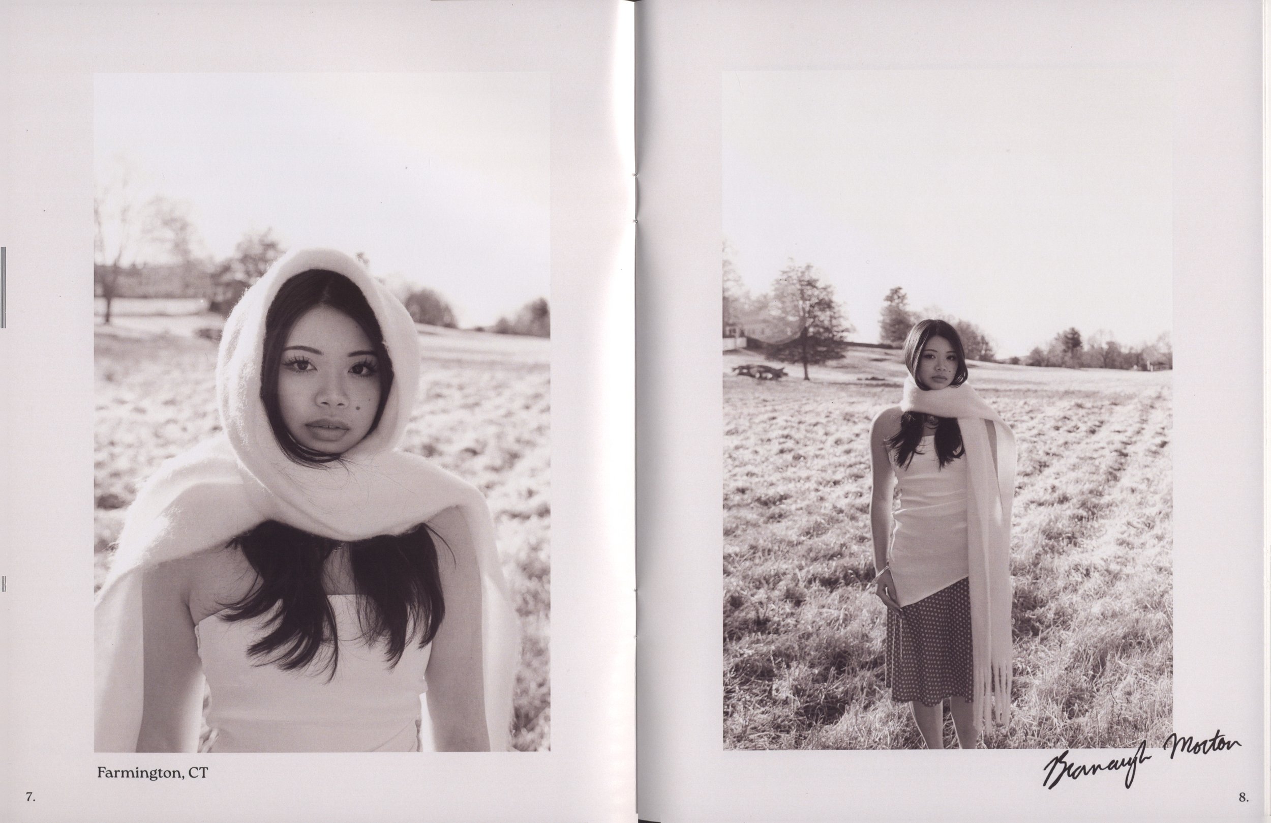 Two black and white photos of a young woman outdoors in a field, one with her wearing a hooded garment and the other with her standing by herself, signifying a photoshoot at Farmington, CT.