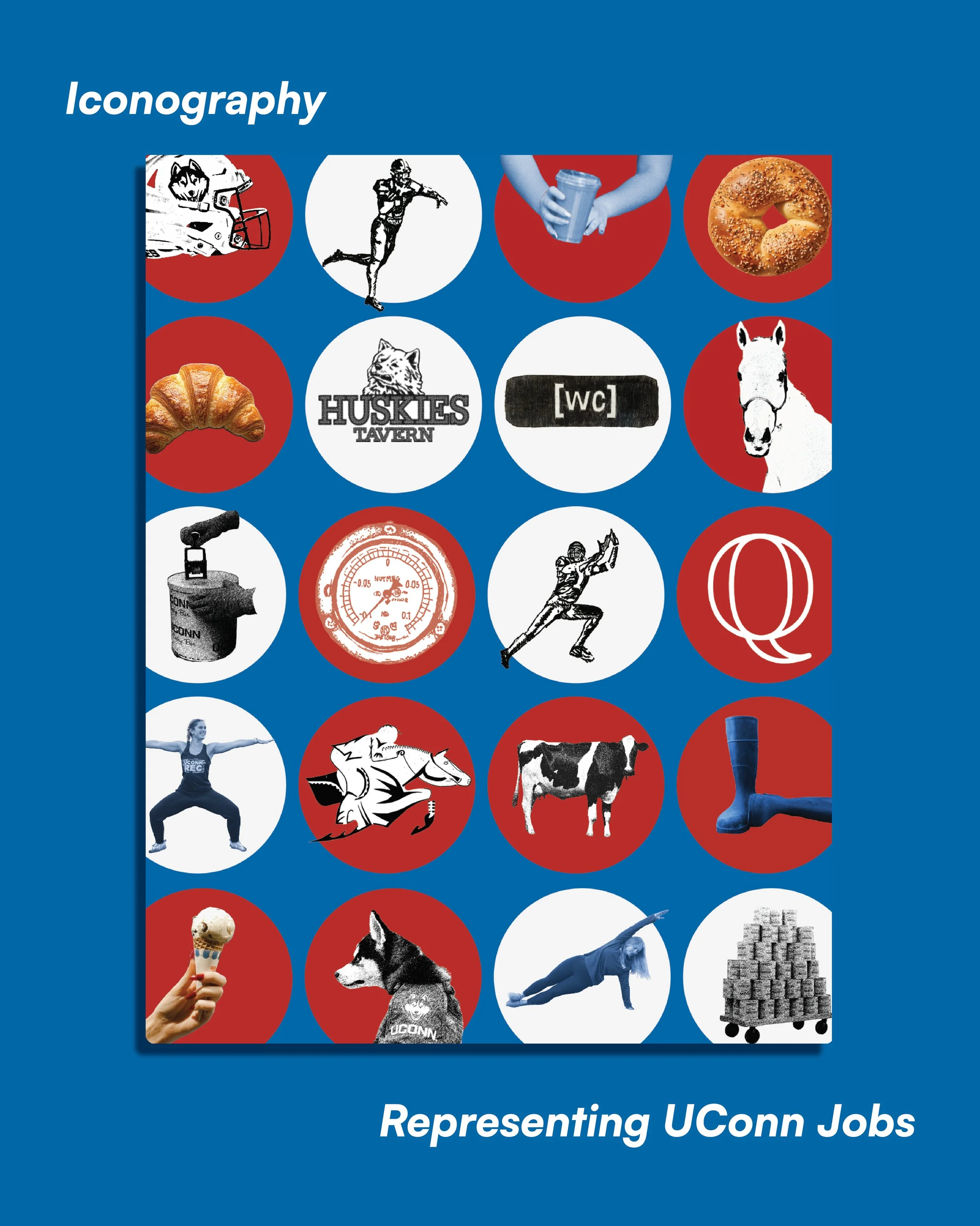 A collage of circular icons depicting various objects and symbols including a football helmet, a runner, a hand holding a protein shake, a bagel, a croissant, a huskies' tavern logo, a restroom sign, a horse, an ice cream cone, a husky dog, a woman stretching, a stack of blocks, and a stopwatch. The background is blue with some text indicating "Iconography" and "Representing UConn Jobs."