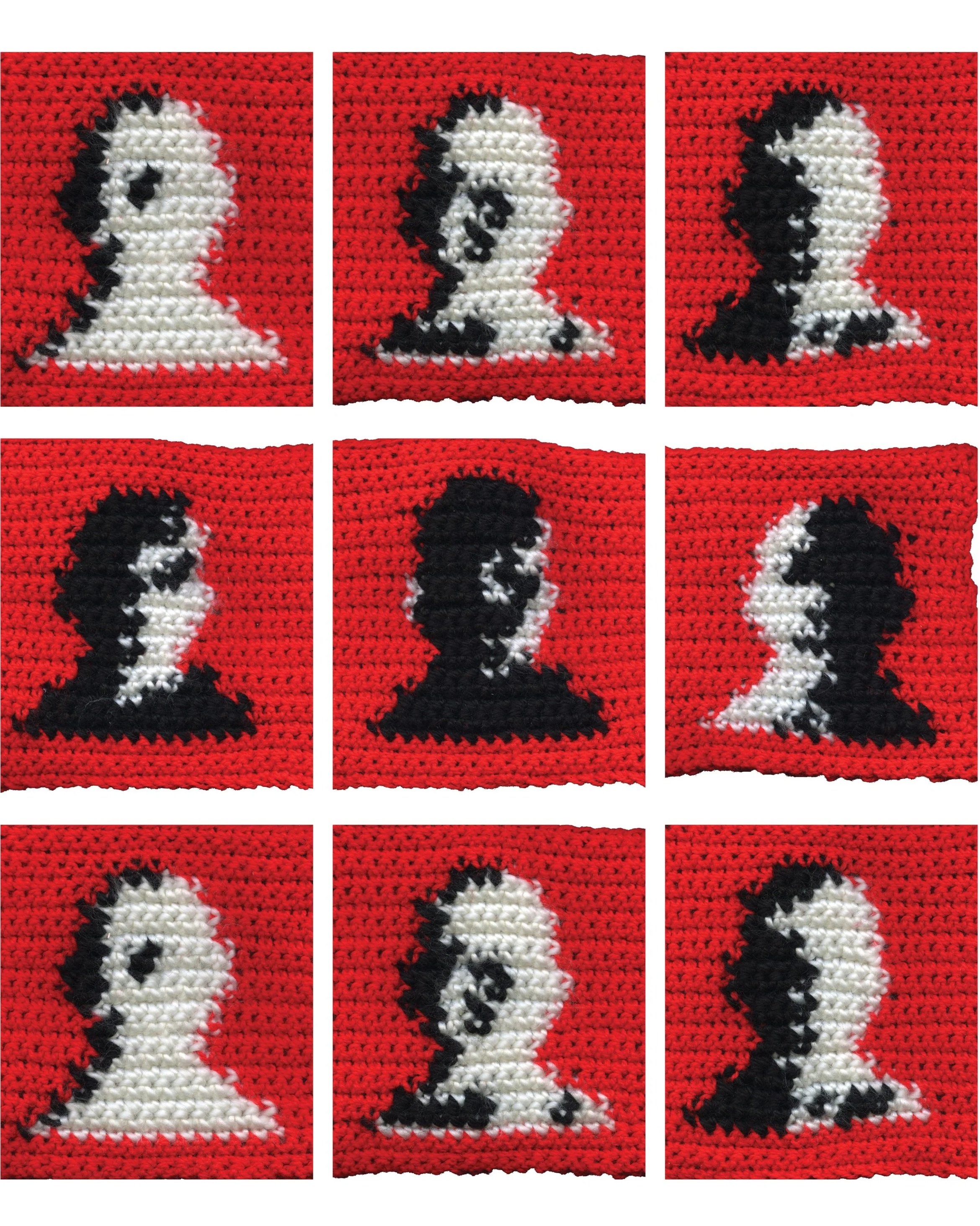 Six squares of red embroidery material, each with a pixelated black and white sewing pattern of a dog on a red background.