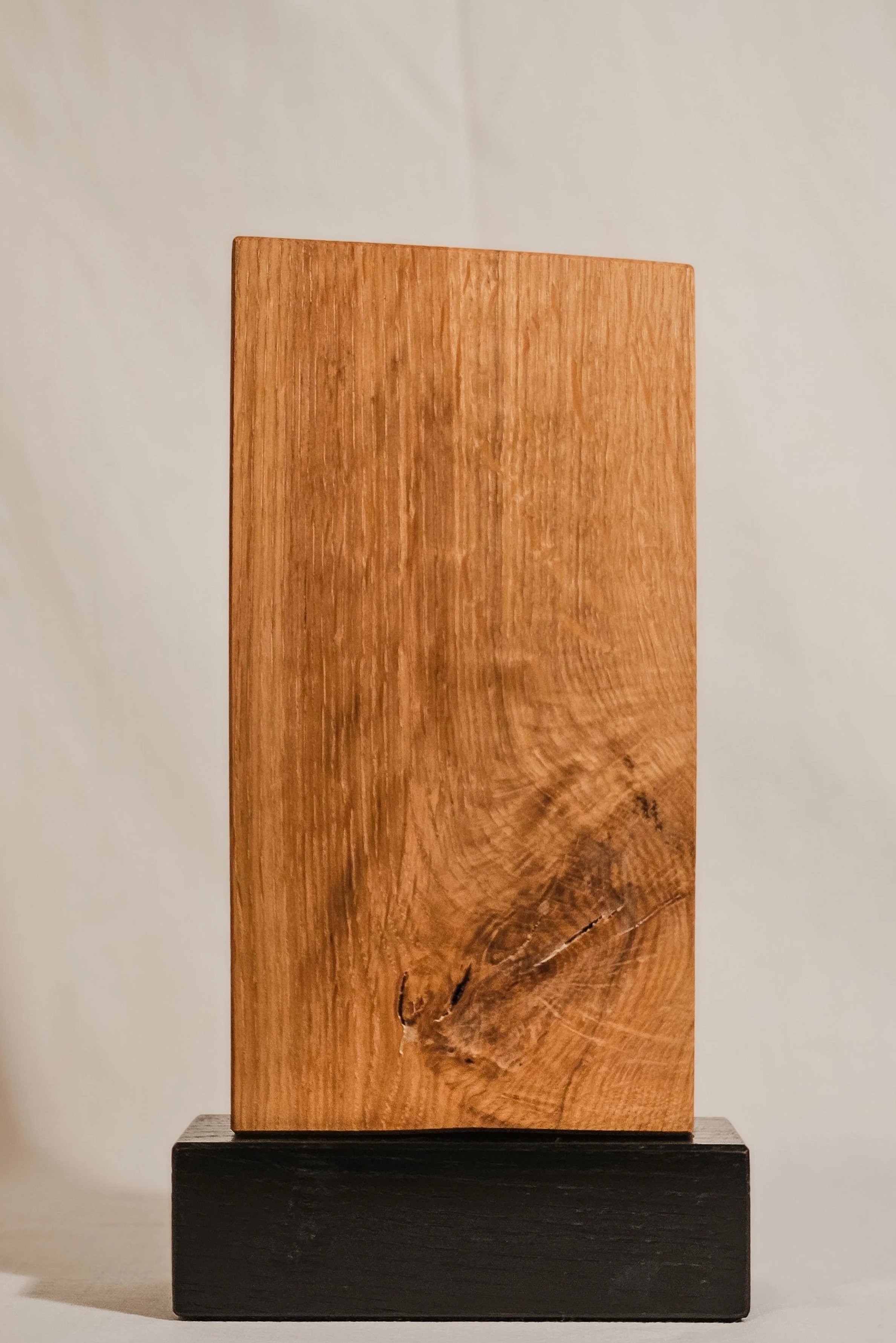 Ein modern gestalteter Holztrophäe mit schwarzem Sockel, aus Holz mit sichtbaren Maserungen und natürlichen Astlöchern.