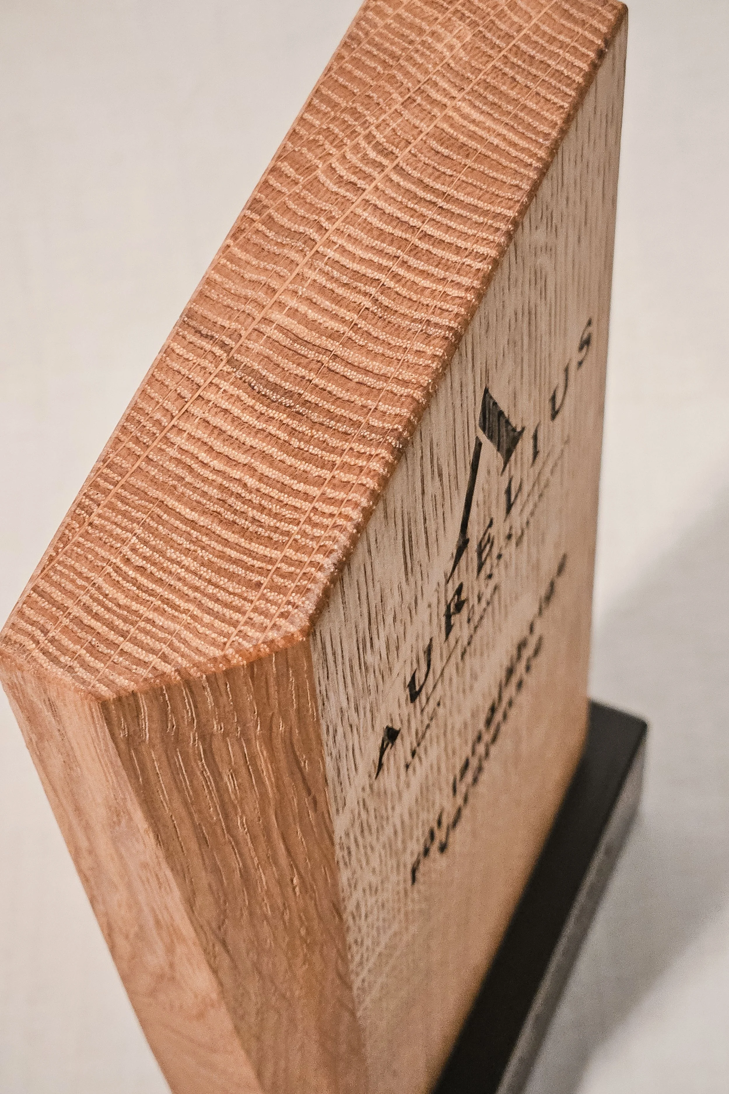 Nahaufnahme eines Holzblocks mit schwarzem Sockel, auf dem eine eingravierte Botschaft sichtbar ist.