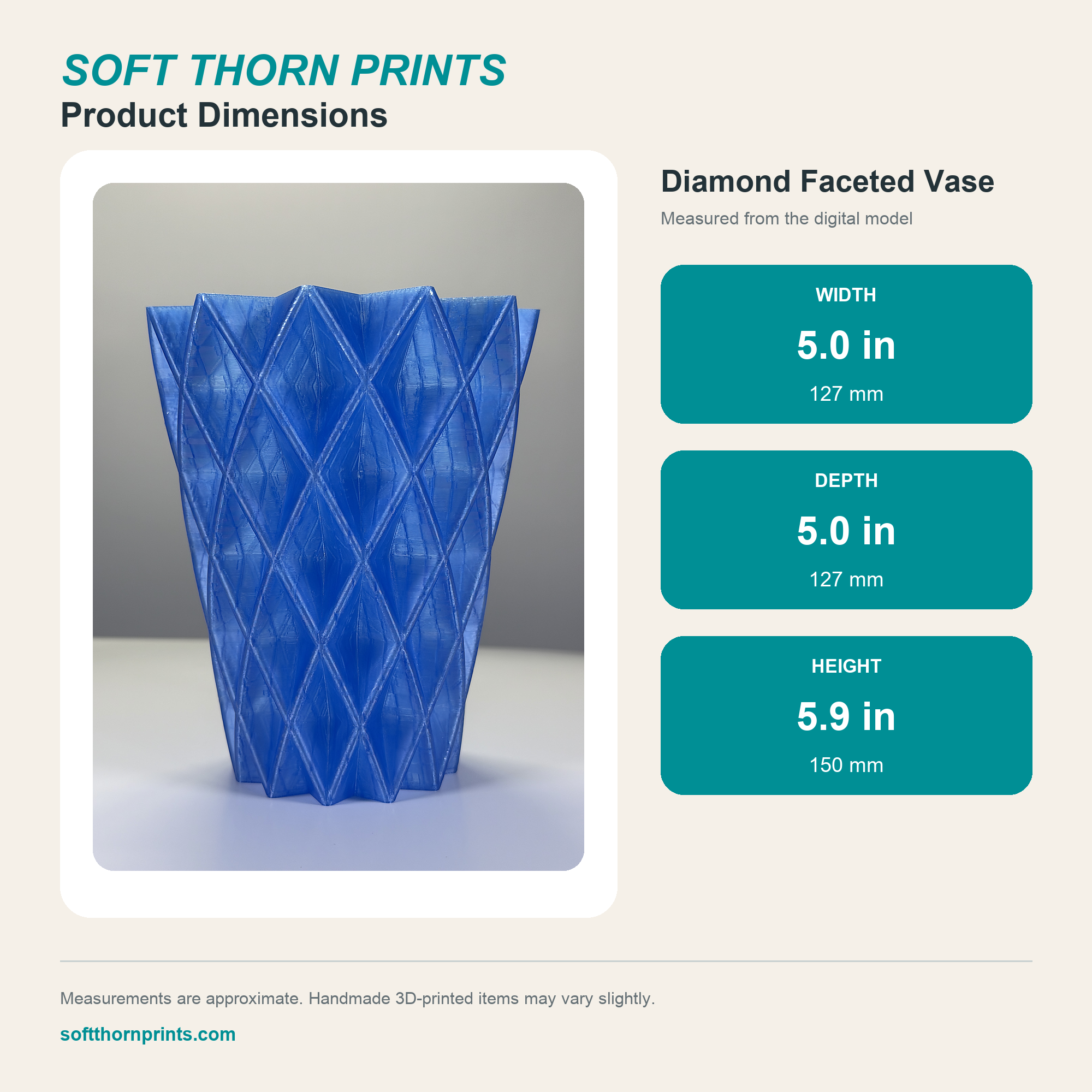 Geometric Diamond Vase dimensions: approximately 5 inches wide, 5 inches deep, and 5.9 inches tall