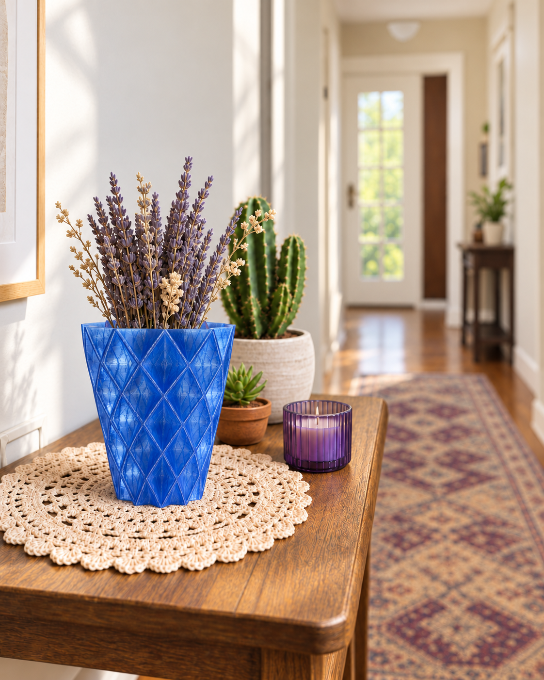 Blue Geometric Diamond Vase with dried lavender in a bright hallway