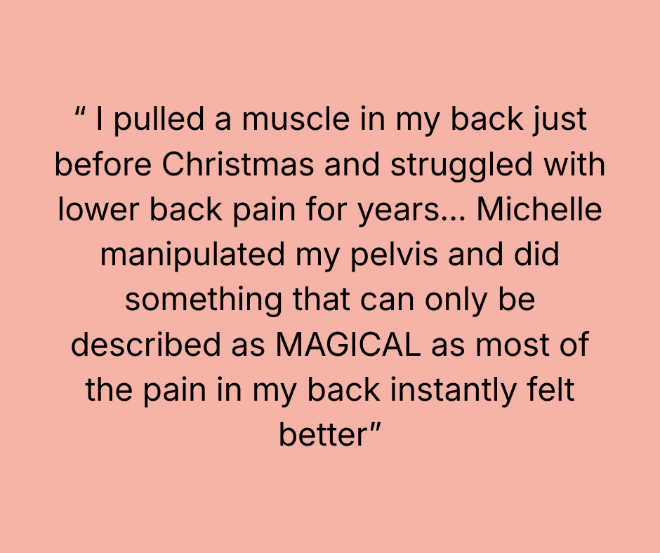 Pink background with black text quote about pulling a muscle in the back and experiencing relief after pelvic manipulation.