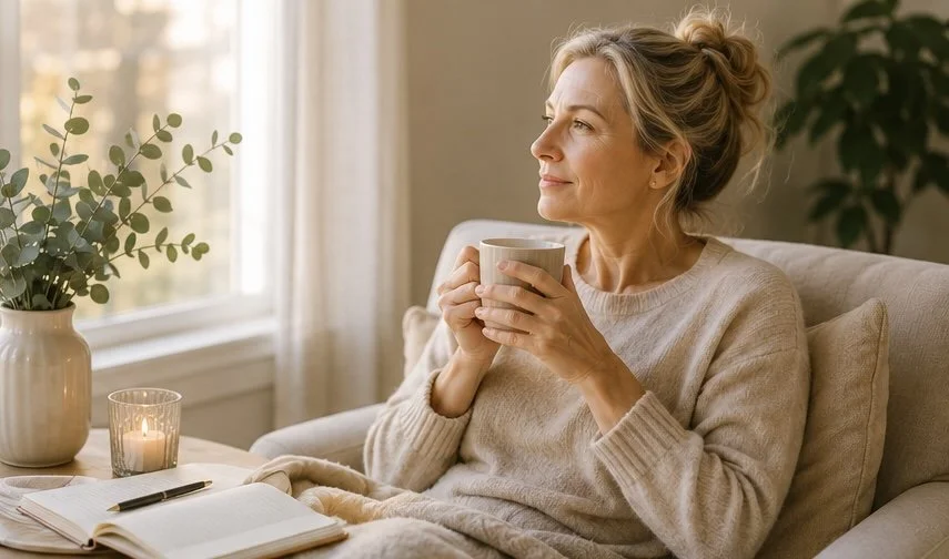 An older woman sits on a sofa, holding a mug, looking out the window with a peaceful expression, in a cozy living room setting.
