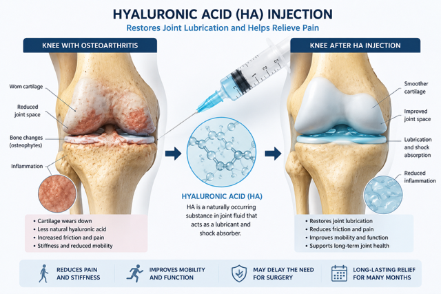 Comparison of a knee with osteoarthritis before and after hyaluronic acid injection. The left side shows a knee with worn cartilage, reduced joint space, bone changes, inflammation, and pain. The right side shows a knee after HA injection with smoother cartilage, improved joint space, lubrication, less inflammation, and reduced pain. An illustration of a syringe injecting HA into the knee is in the center.