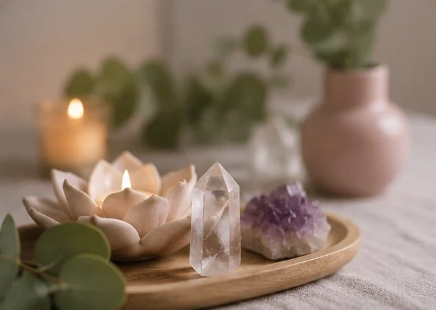 A wooden tray with a candle, a clear quartz crystal, a purple amethyst cluster, and a white lotus-shaped candle holder, with green plants and a pink vase in the background.