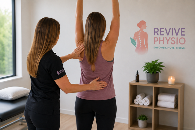 A physical therapist helping a woman stretch her back in a physiotherapy clinic with a logo that reads 'Revive Physio' on the wall.
