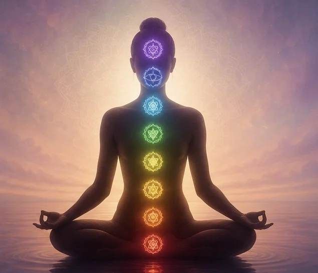 Silhouette of a person meditating in a cross-legged pose with a serene sunset in the background, illuminated by colorful chakra symbols aligned along the center of their body.
