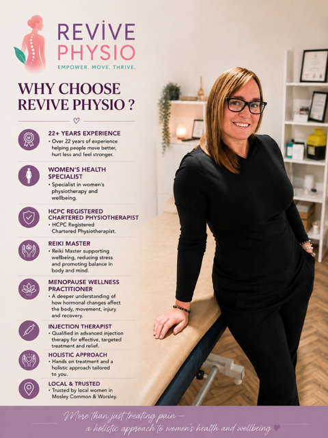 A woman in glasses and a black shirt standing indoors, smiling, with a Revive Physio clinic sign on the wall behind her.