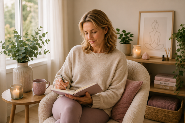 A woman sitting in a cozy living room, writing in a notebook. There are plants, candles, and art on the wall behind her.