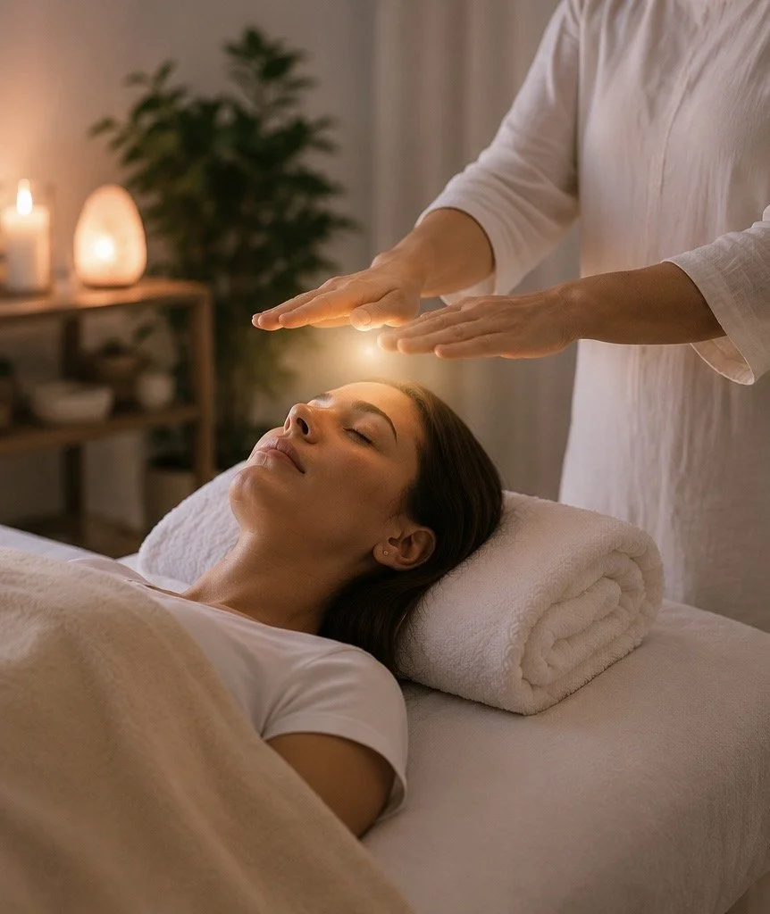 A woman lying on a massage table with her eyes closed, receiving a healing or energy treatment from a woman standing above her with hands hovering over her face, in a dimly lit room with candles and a plant in the background.