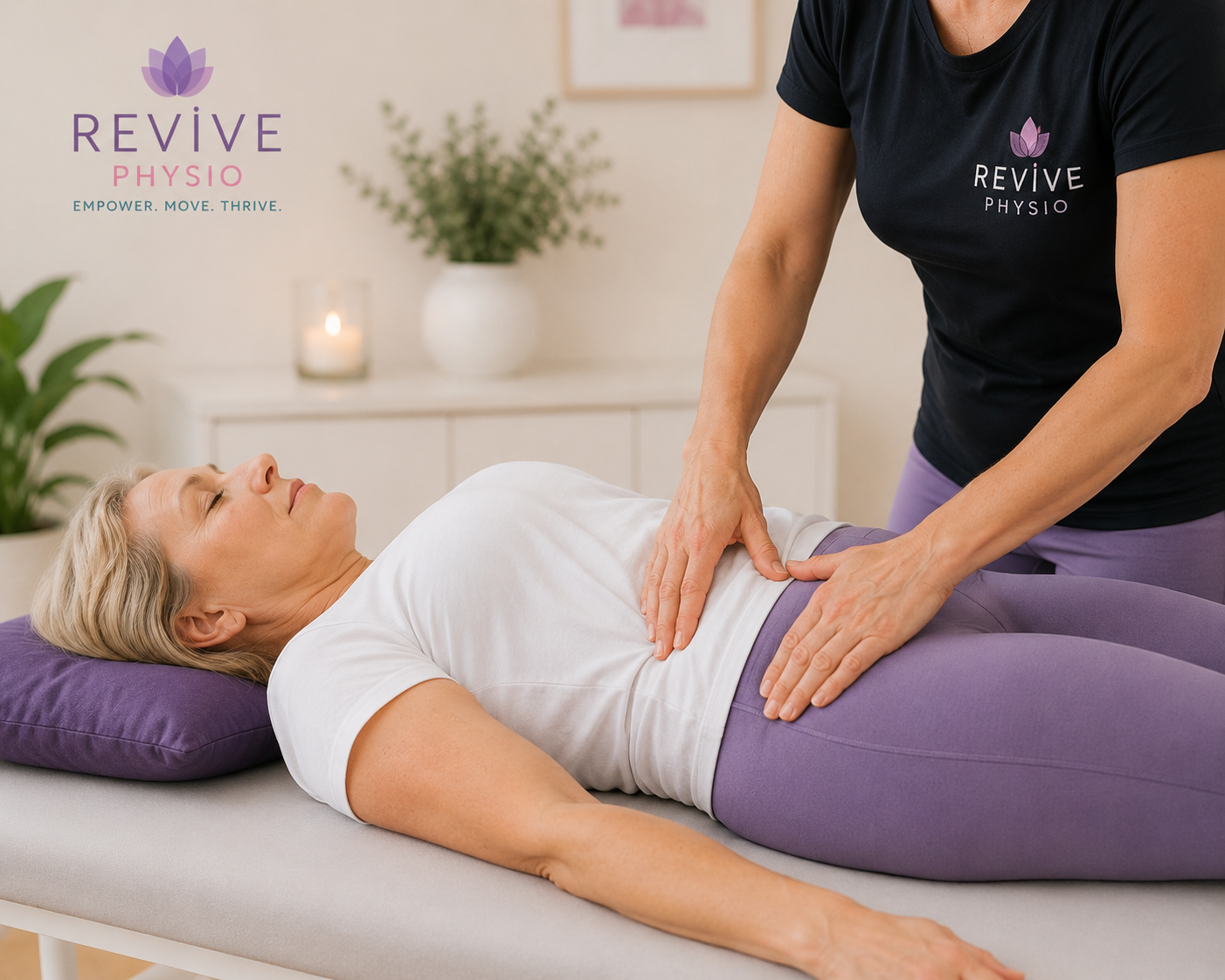 A woman receiving physical therapy from a therapist on a treatment table in a wellness clinic. The therapist is wearing a navy blue shirt with the 'Revive Physio' logo and is placing her hands on the woman's abdomen.