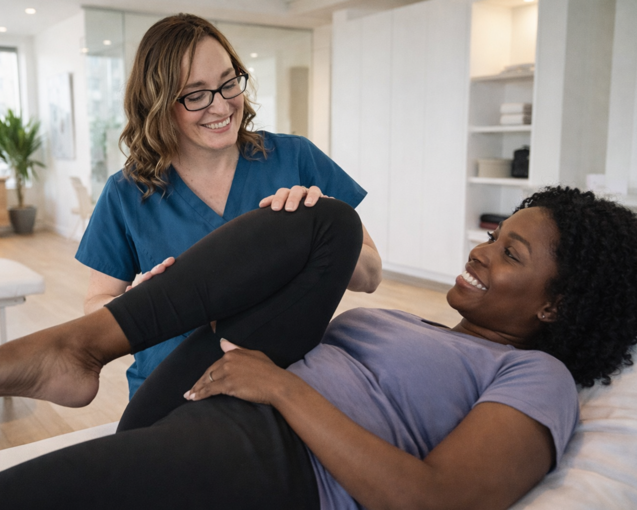 A healthcare professional in blue scrubs helping a woman with leg exercises, both smiling in a bright, modern clinic or therapy room.