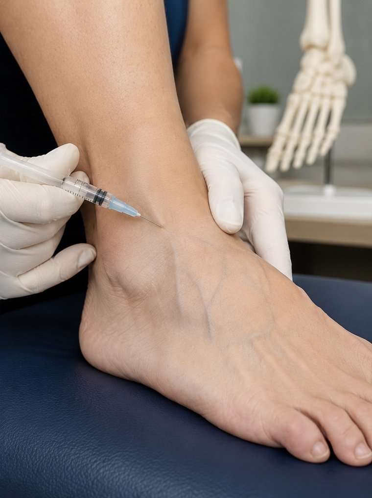 A person receiving an injection in their ankle with a syringe, while wearing white gloves, in a medical setting.