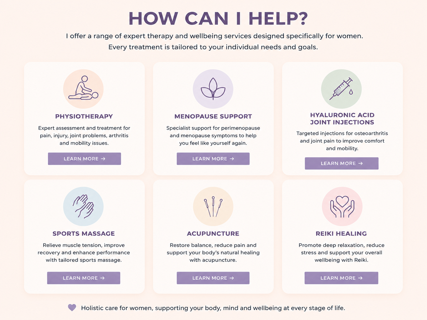A webpage titled 'How Can I Help?' offering various wellness services for women including physiotherapy, menopause support, hyaluronic acid joint injections, sports massage, acupuncture, and Reiki healing, with each service having a brief description and a 'Learn More' button.