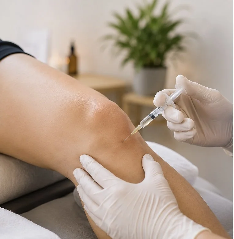 A person receiving an injection in their upper arm from a healthcare professional wearing gloves, with a blurred background that includes a plant.