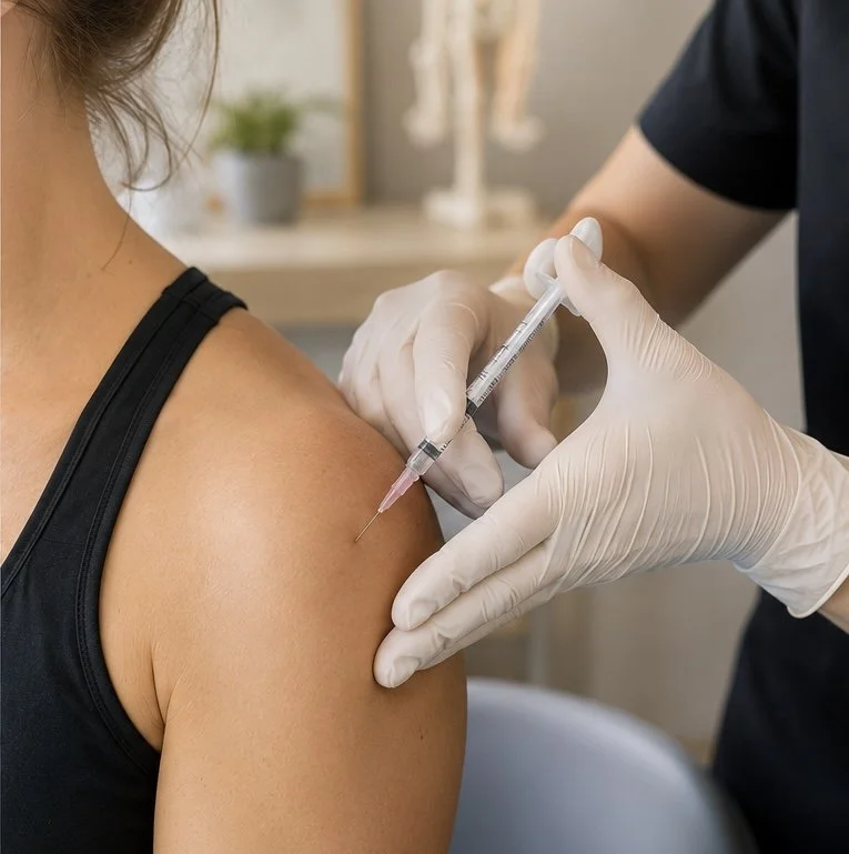 Person receiving a vaccination shot in upper arm from healthcare professional wearing gloves.