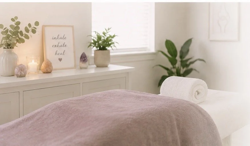 A massage table covered with a pink blanket in a softly lit room, with a rolled towel at the head and decorative items like candles, crystals, plants, and a framed quote that reads 'inhale, exhale, heal' in the background.