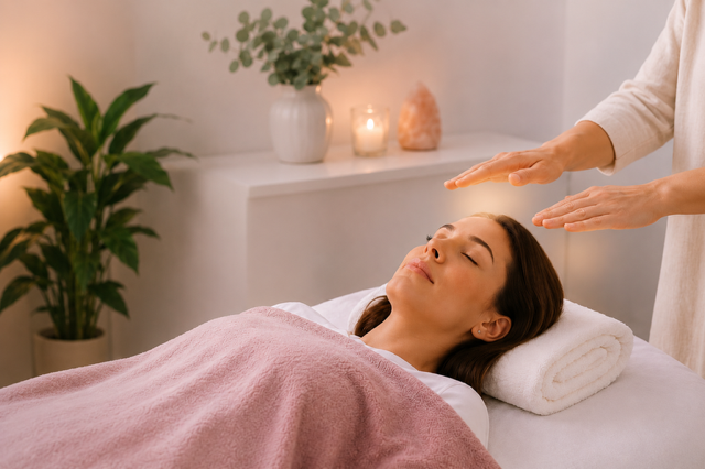 A woman lying on a massage table with her eyes closed, receiving a healing or relaxation treatment from a practitioner whose hands are positioned above her. The room has soft lighting, candles, a potted plant, and decorative items in the background.