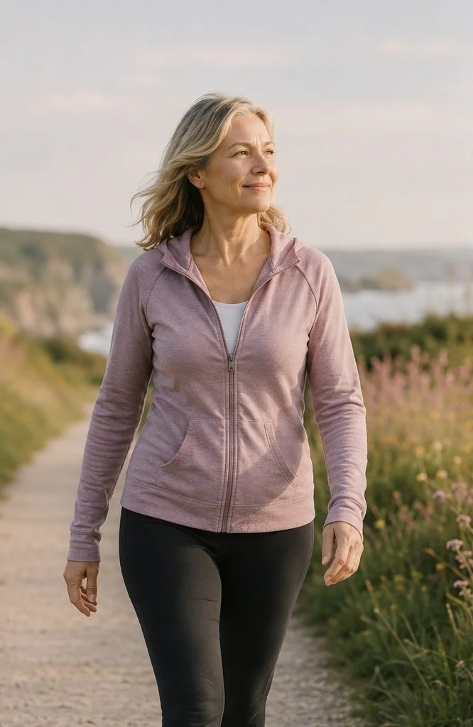 A middle-aged woman with blonde hair walking outdoors on a dirt path near flowering plants, wearing a pink zip-up hoodie and black leggings, during a sunny day with a calm expression.