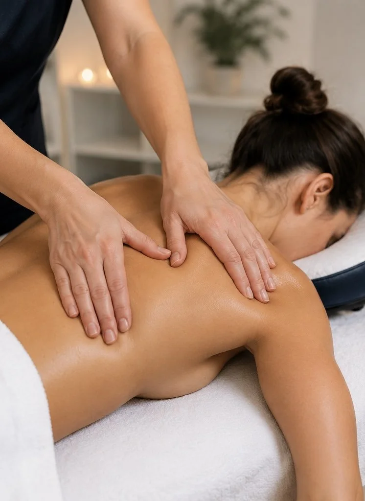 A person receiving a massage on their back from a massage therapist in a spa-like setting.