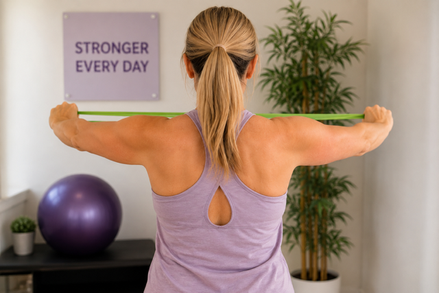 Woman stretching with a resistance band in a home gym or fitness space, with a motivational sign on the wall reading 'Stronger Every Day', a large purple exercise ball, and a potted plant in the background.