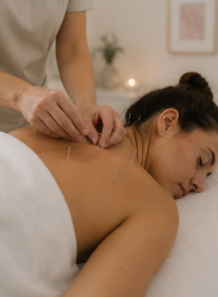 A woman receiving acupuncture treatment on her back in a spa or clinic room.