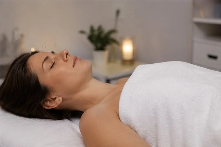 A woman lying on a spa or massage table with her eyes closed, wrapped in a white towel, in a relaxing room with candles and a plant in the background.