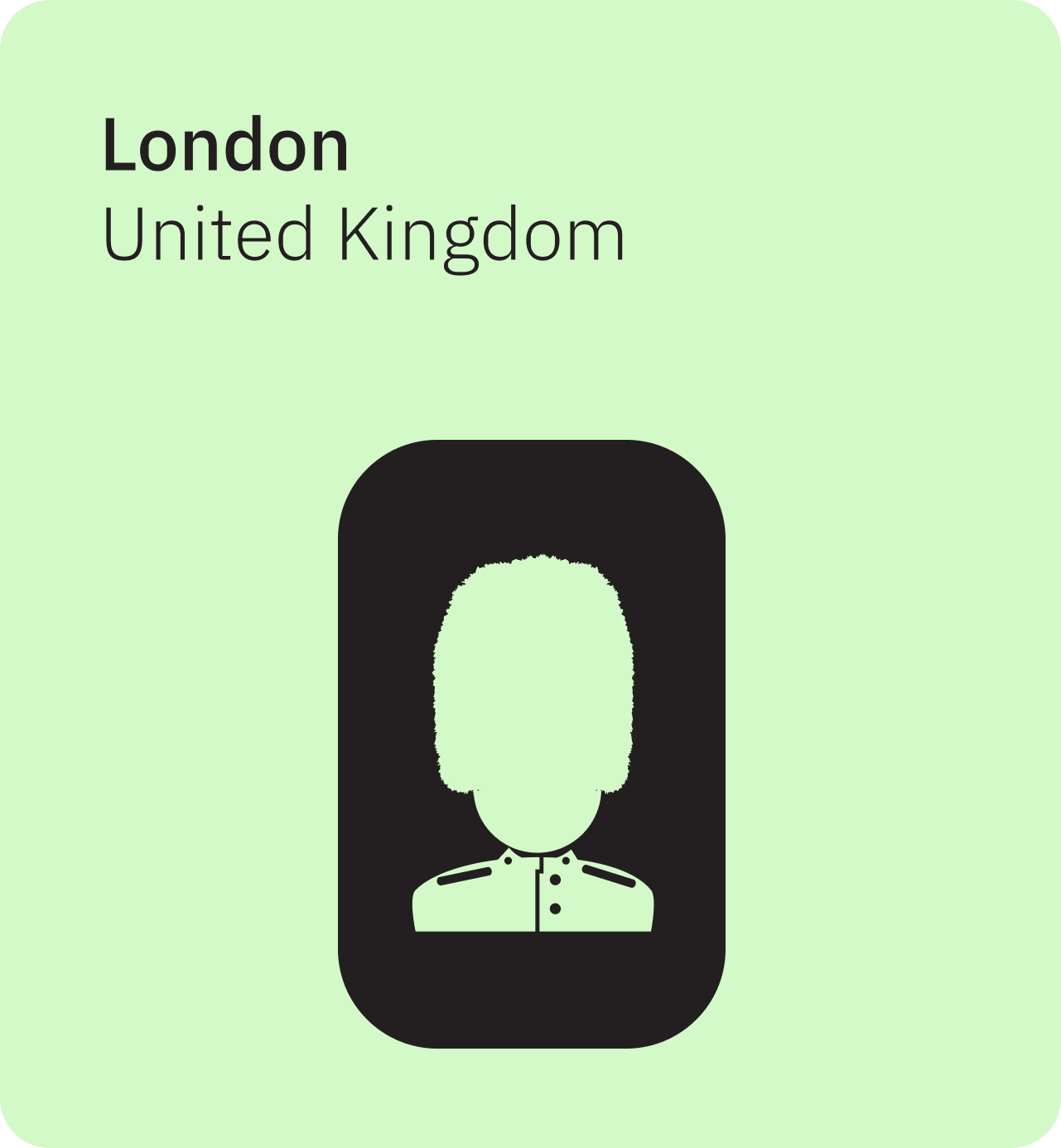 Illustration of a black and green stylized depiction of a foot guard, respresenting London, United Kingdom