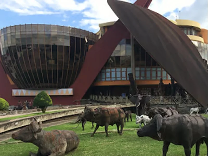 Exterior view of a modern building with unique architectural features, featuring large rounded glass sections, and a lawn with life-sized animal sculptures of elephants and a dog.