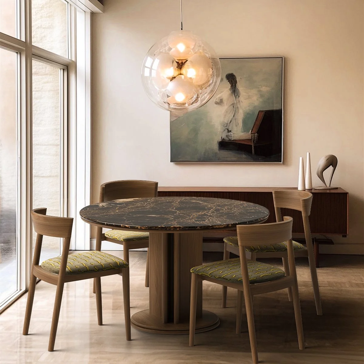 Modern dining room with a round table, four wooden chairs with green patterned cushions, a contemporary pendant light, a sideboard with decorative vases, and a large painting of a woman on the wall.
