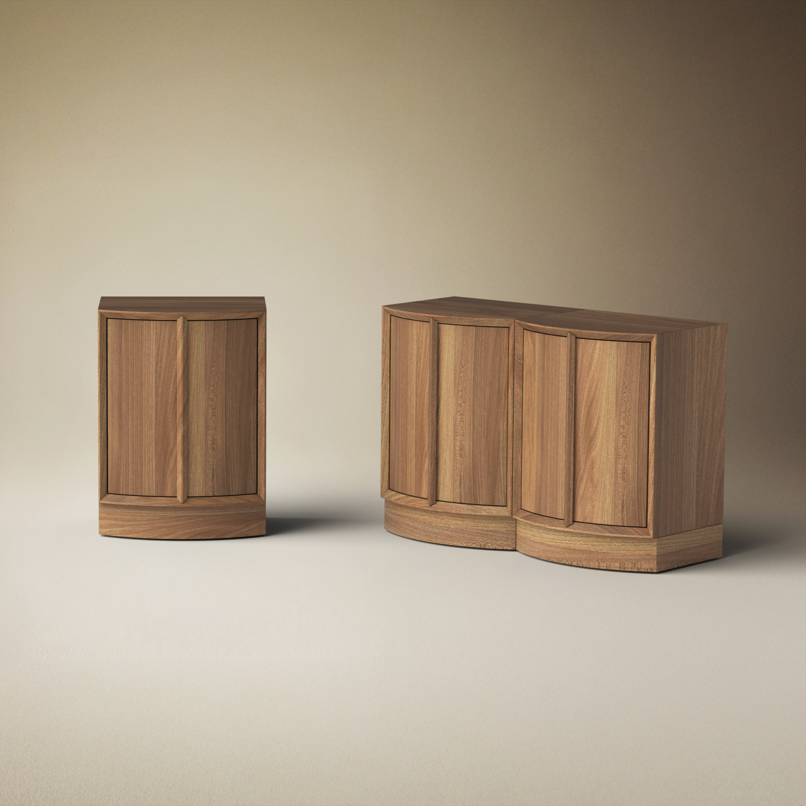 Two wooden cabinets with curved doors, one smaller and one larger, placed on a neutral background.