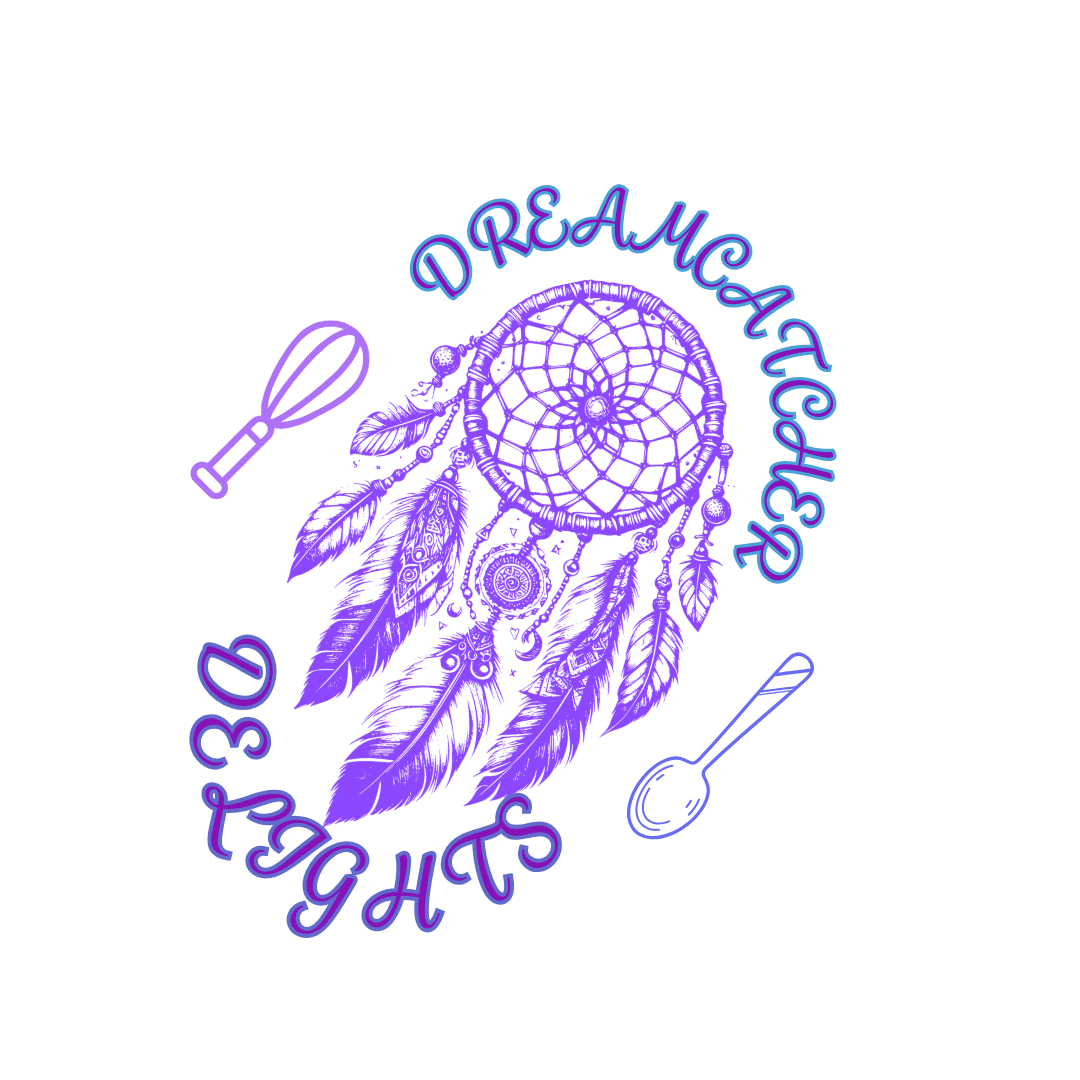 Purple dreamcatcher with feathers and beads, with the words 'Dream Catcher' surrounding it, and two spoons on either side.