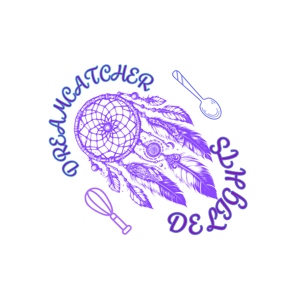 A purple and blue outline drawing of a dreamcatcher with feathers, beads, and a circular web, accompanied by a spoon and a whisk, and the words "Dream Catcher" written in a curved, decorative font.