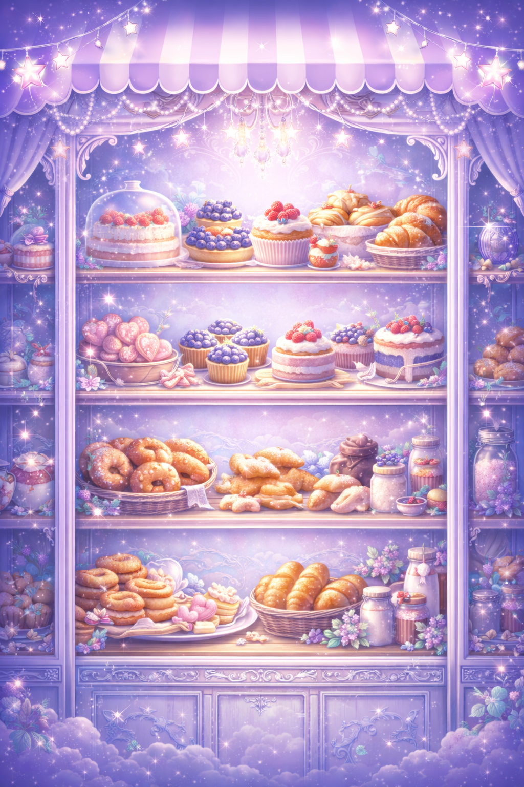 A fantasy-style bakery shelf filled with assorted cakes, cupcakes, cookies, and pastries, adorned with fairy lights and glowing stars, surrounded by clouds and sparkling decorations.
