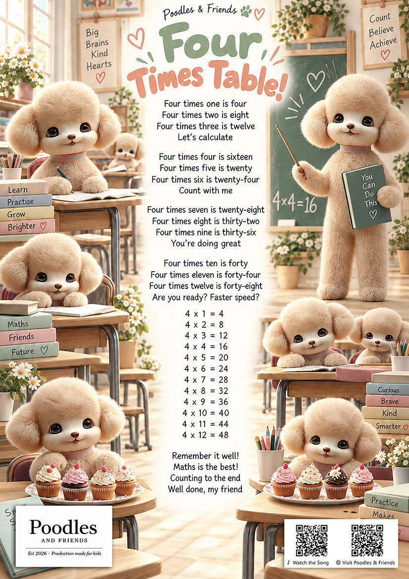 Four Times Table – Free Printable Learning Song Sheet