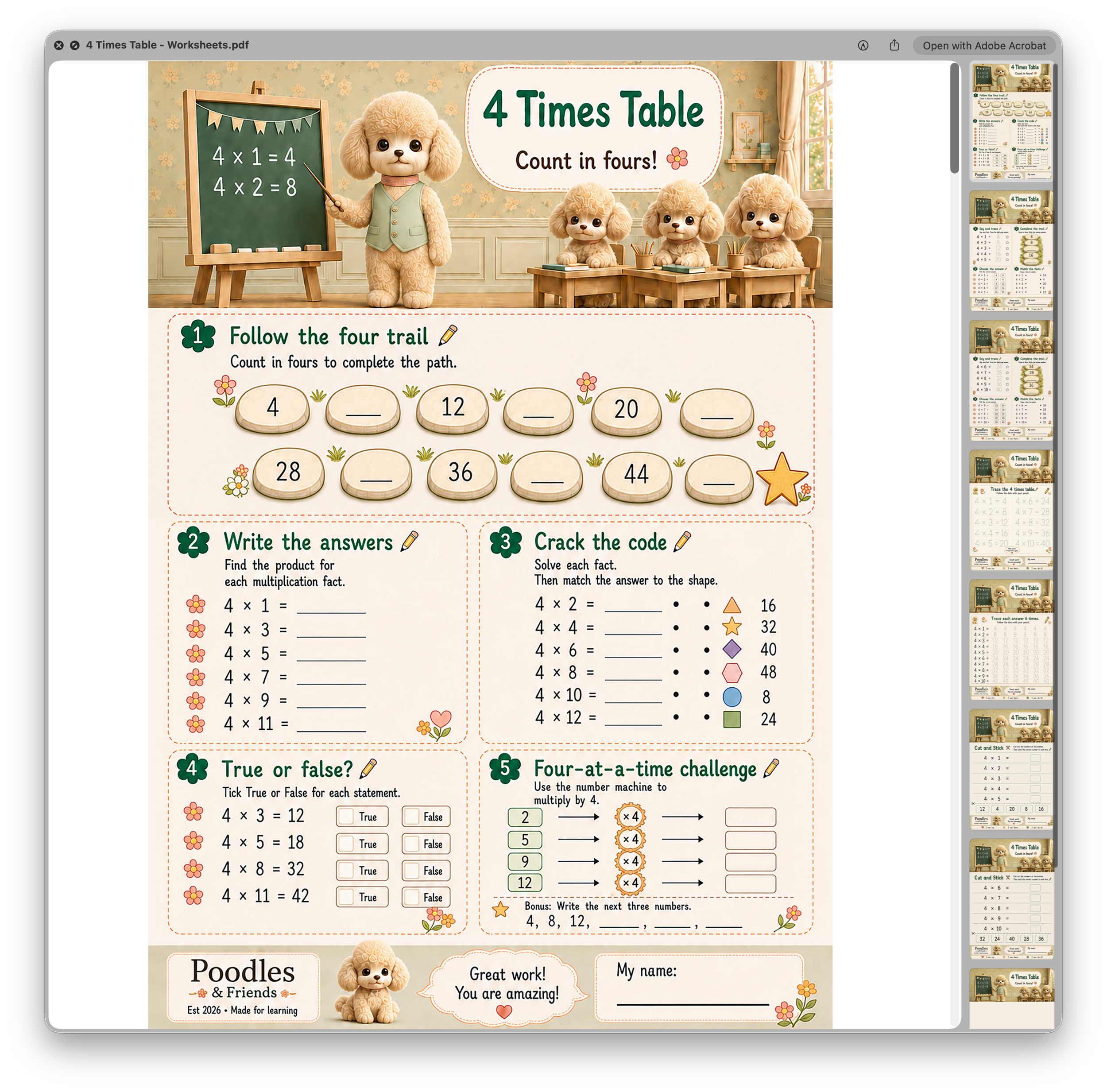 4 Times Table Printable Worksheet Pack – Free PDF Download